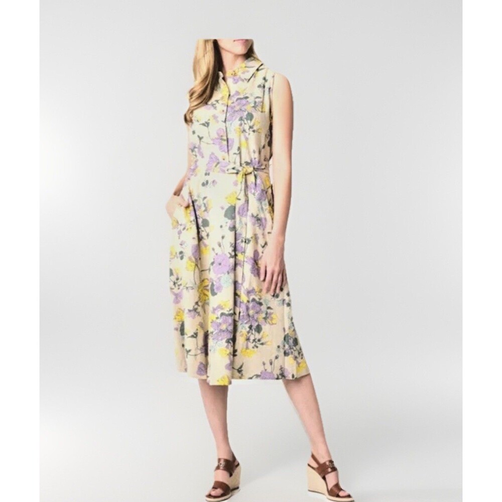 Liz Claiborne Floral Belted Dress Womens SZ 6 Fit & Flare Midi Sleeveless Linen